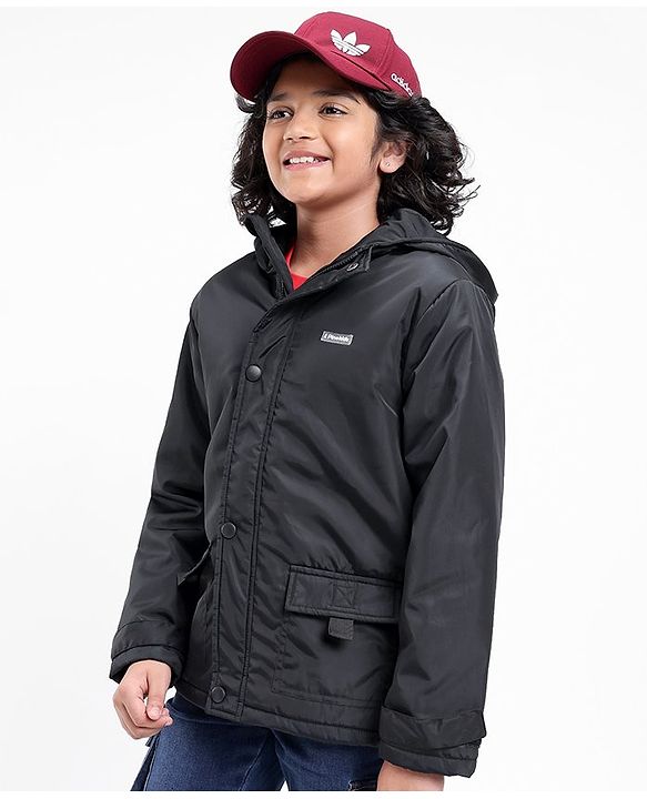 Pine Kids Quilted Full Sleeves Light Winter Hooded Jacket - Black