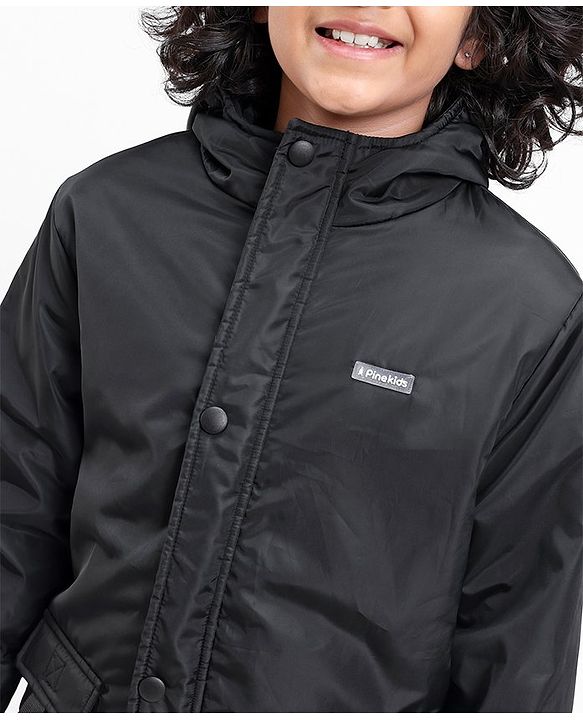 Pine Kids Quilted Full Sleeves Light Winter Hooded Jacket - Black