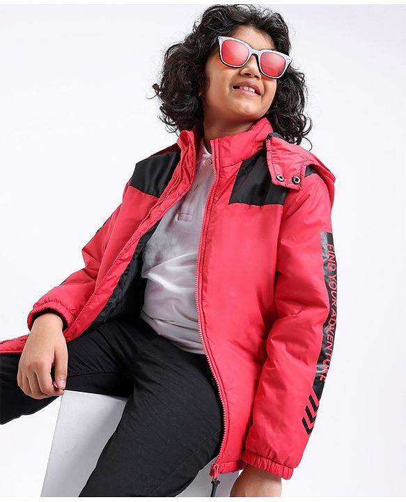 Pine Kids Quilted Full Sleeves Light Winter Hooded Jacket - Red