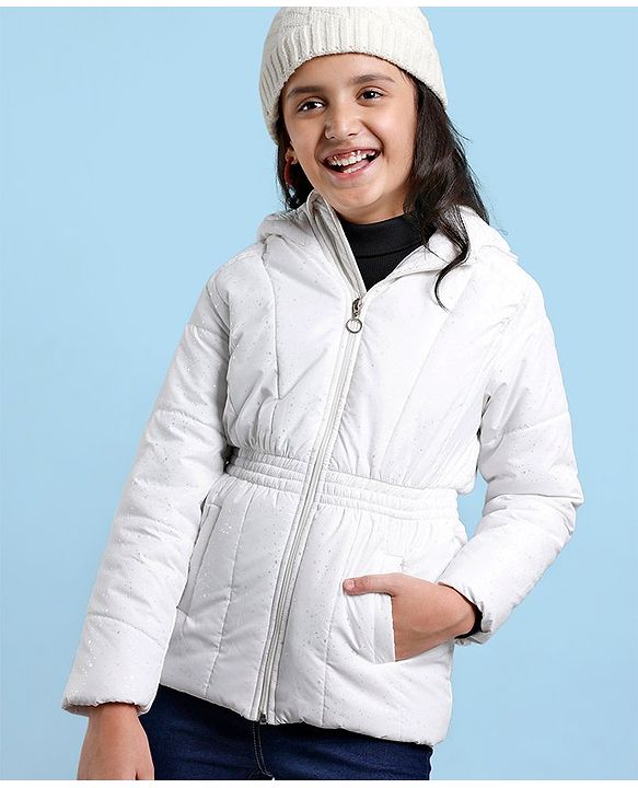 Pine Kids Full Sleeves Puffed Glittered Hooded Jacket Moderate Winter - Silver