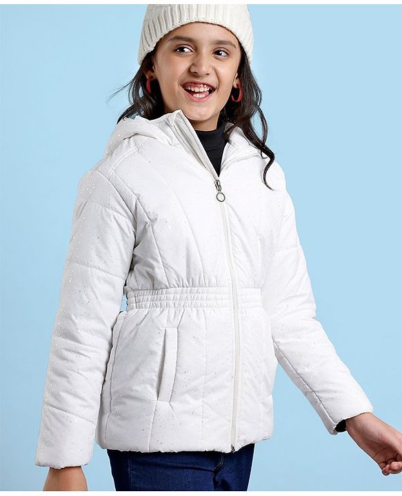 Pine Kids Full Sleeves Puffed Glittered Hooded Jacket Moderate Winter - Silver