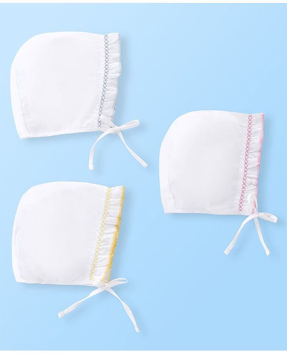 Babyhug Cotton Woven Tie-Knot Cap Set Solid White - Diameter 14 cm