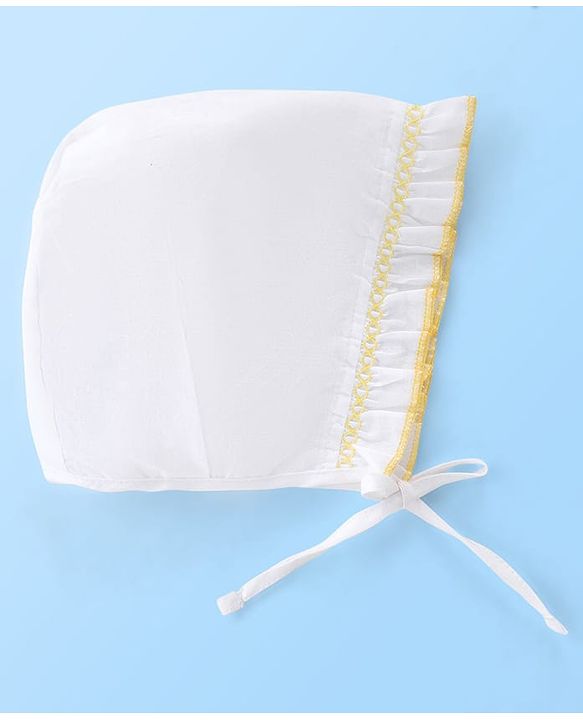 Babyhug Cotton Woven Tie-Knot Cap Set Solid White - Diameter 14 cm