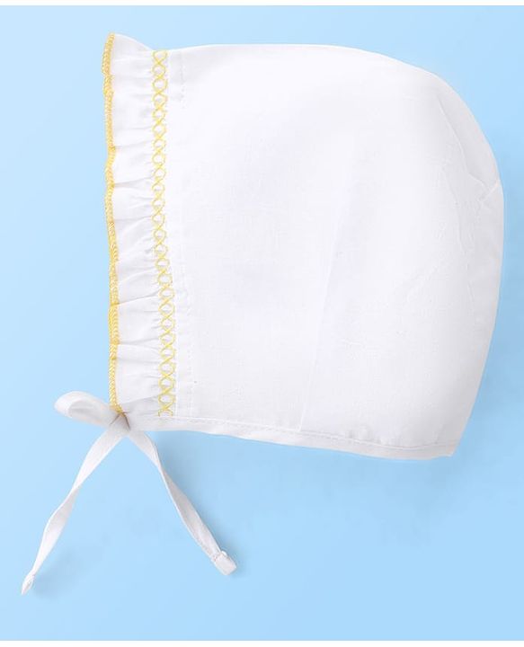 Babyhug Cotton Woven Tie-Knot Cap Set Solid White - Diameter 14 cm
