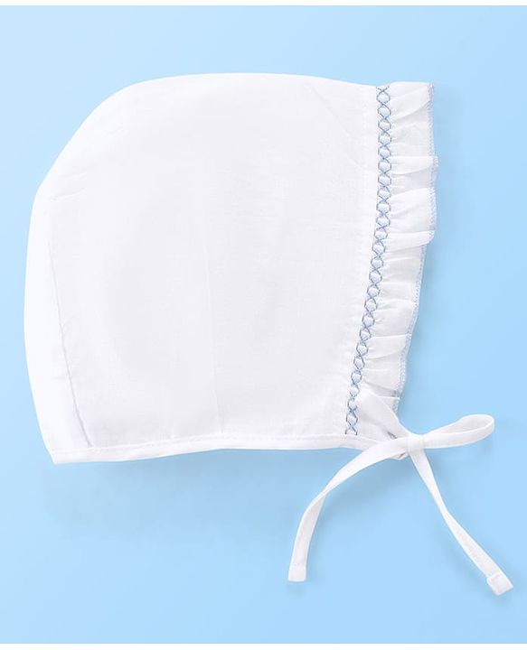 Babyhug Cotton Woven Tie-Knot Cap Set Solid White - Diameter 14 cm