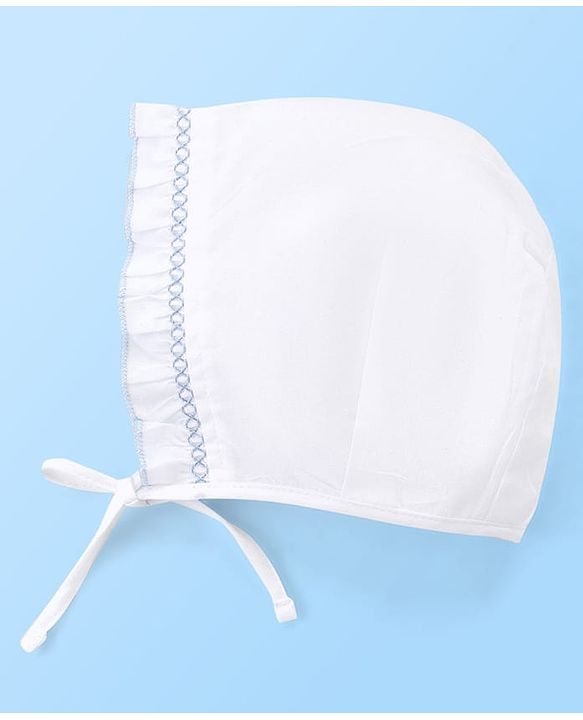 Babyhug Cotton Woven Tie-Knot Cap Set Solid White - Diameter 14 cm