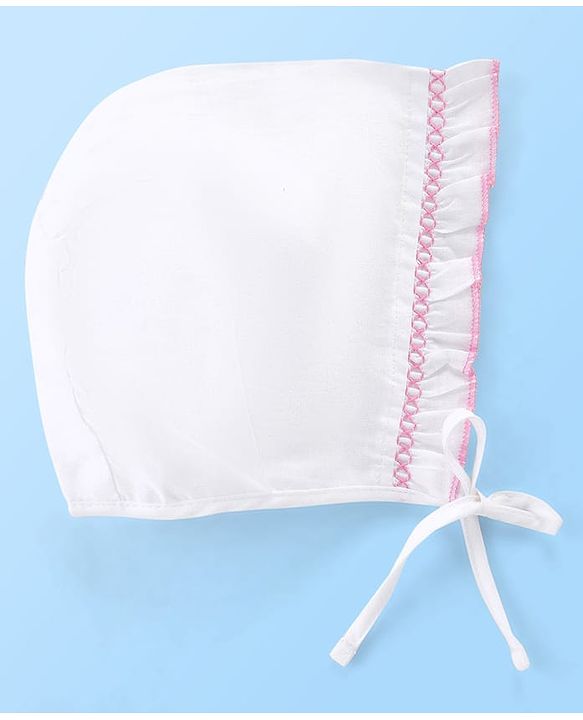 Babyhug Cotton Woven Tie-Knot Cap Set Solid White - Diameter 14 cm