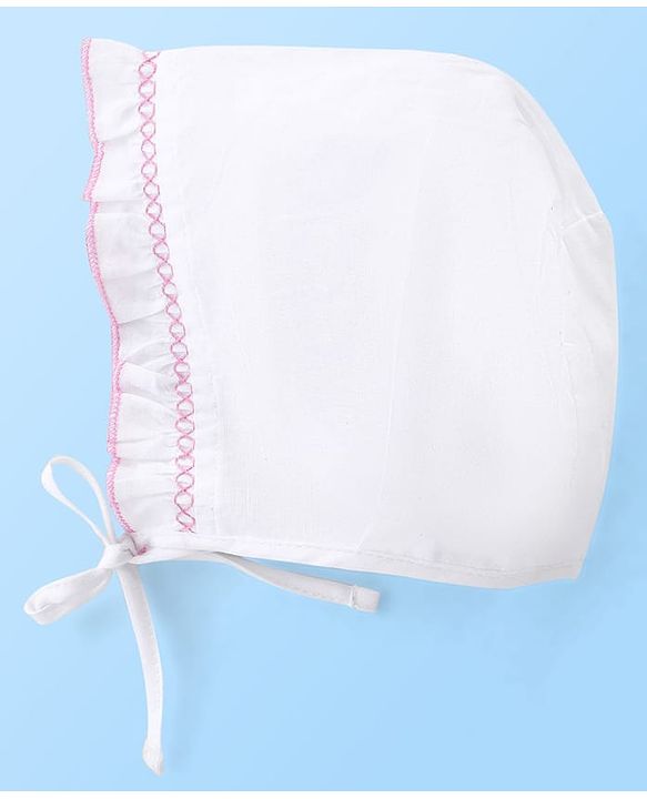 Babyhug Cotton Woven Tie-Knot Cap Set Solid White - Diameter 14 cm