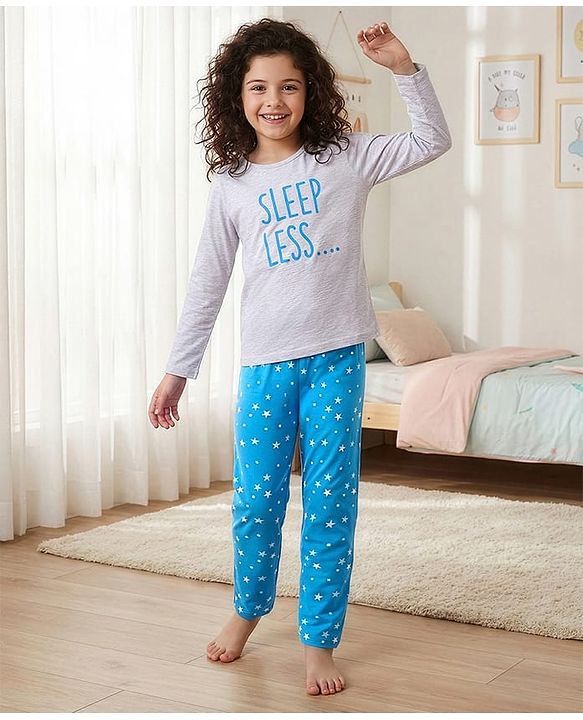 Pine Kids Full Sleeves 100% Cotton Bio-Wash Text Print Night Suit - Grey and Blue