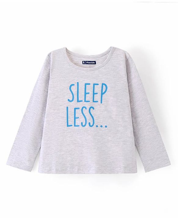 Pine Kids Full Sleeves 100% Cotton Bio-Wash Text Print Night Suit - Grey and Blue
