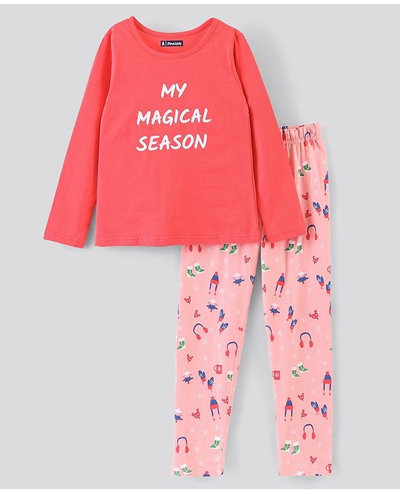 Pine Kids 100% Cotton Full Sleeves Biowashed Night Suit Text Print - Peach
