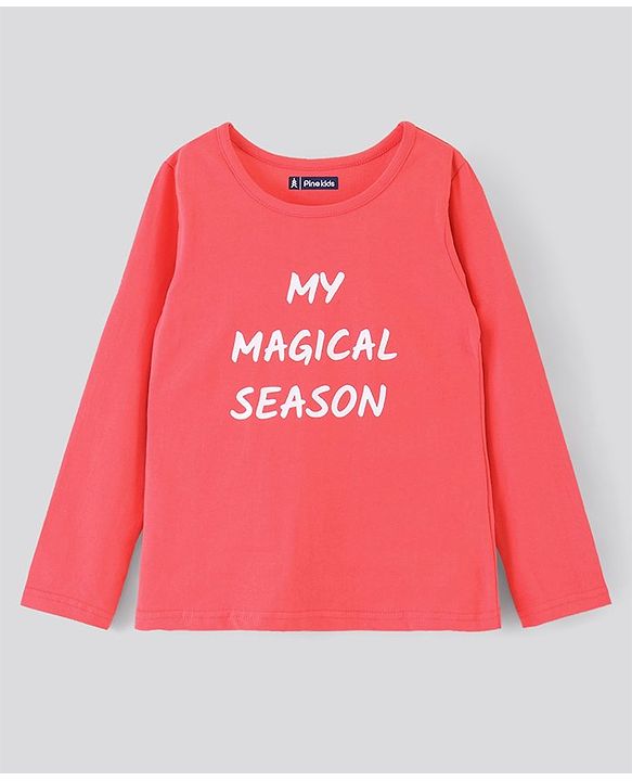 Pine Kids 100% Cotton Full Sleeves Biowashed Night Suit Text Print - Peach