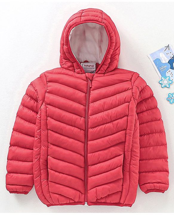 Babyhug Nylon Full Sleeves Solid Color Hooded Heavy Winter Jacket - Red
