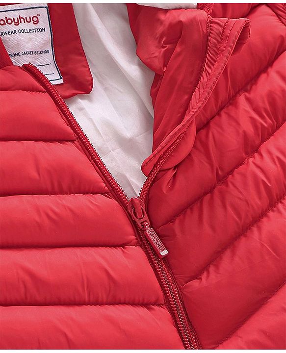 Babyhug Nylon Full Sleeves Solid Color Hooded Heavy Winter Jacket - Red