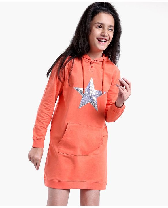 Pine Kids Full Sleeves Long Length Hooded Biowashed Sweatshirt Star Print- Orange