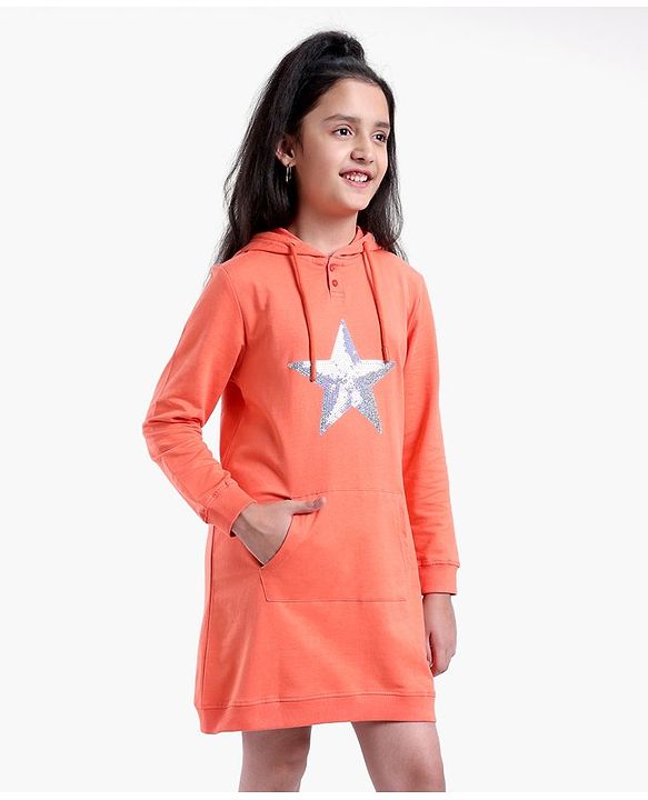 Pine Kids Full Sleeves Long Length Hooded Biowashed Sweatshirt Star Print- Orange
