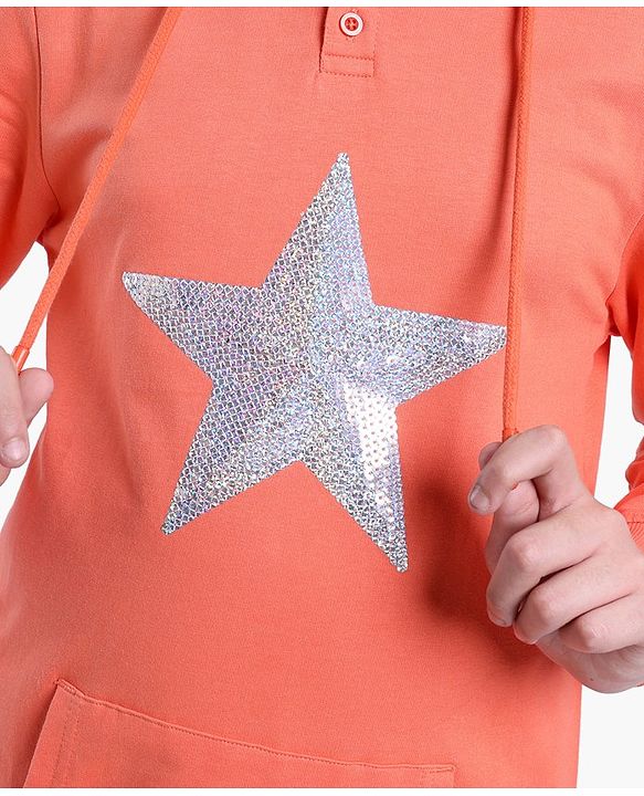 Pine Kids Full Sleeves Long Length Hooded Biowashed Sweatshirt Star Print- Orange