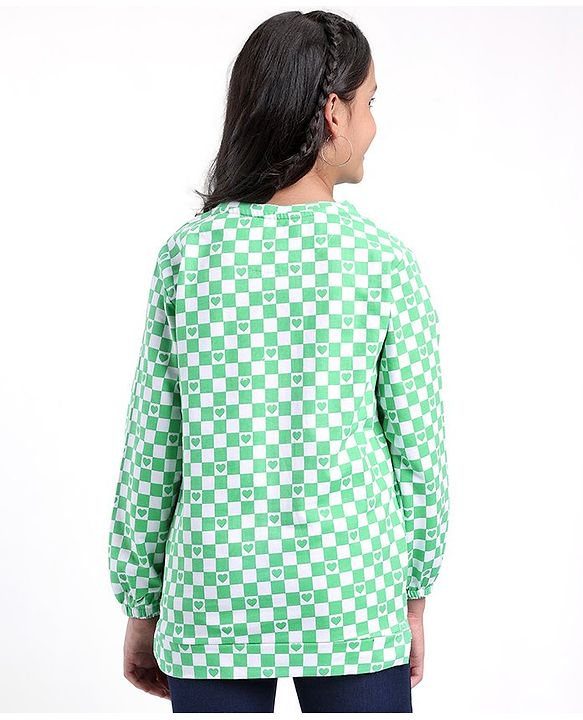 Pine Kids Full Sleeves Cotton Biowashed Sweatshirt Checks & Hearts Print- Green