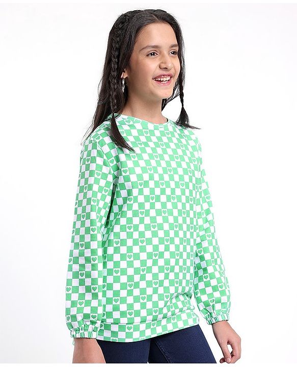 Pine Kids Full Sleeves Cotton Biowashed Sweatshirt Checks & Hearts Print- Green