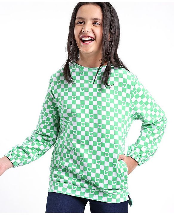 Pine Kids Full Sleeves Cotton Biowashed Sweatshirt Checks & Hearts Print- Green