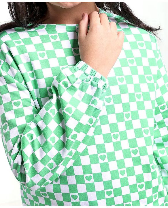 Pine Kids Full Sleeves Cotton Biowashed Sweatshirt Checks & Hearts Print- Green