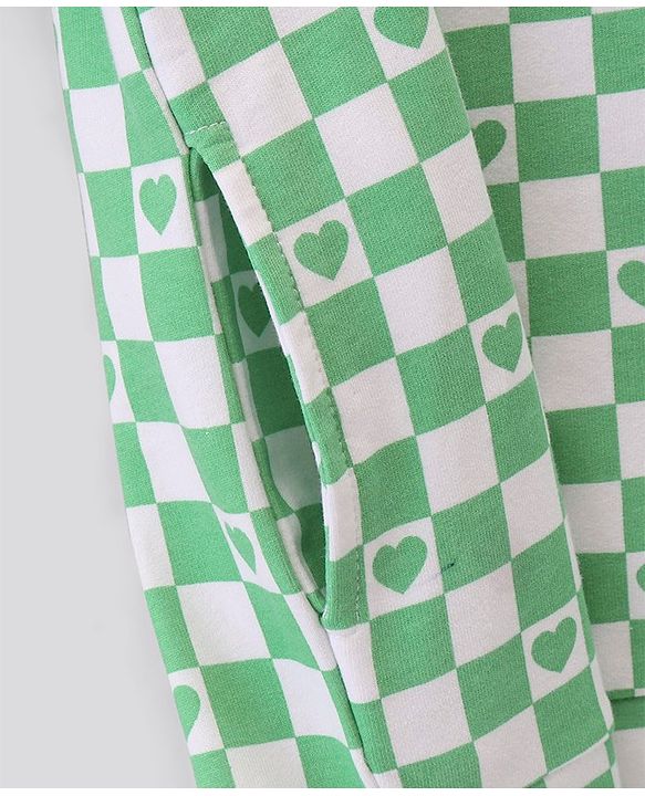 Pine Kids Full Sleeves Cotton Biowashed Sweatshirt Checks & Hearts Print- Green