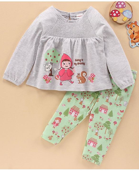 Babyhug Cotton Knit Full Sleeves Top & Pant Set Multiprint - Grey Green