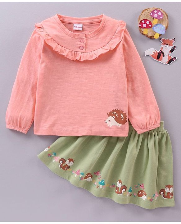 Babyhug Full Sleeves Top and Printed Skirt - Apricot Blush Olive