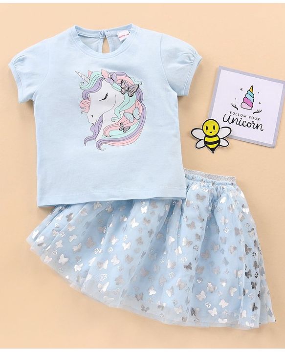 Babyhug Short Sleeves Top & Skirt Set Butterfly Foil Print - Blue