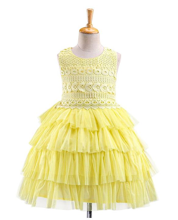 Babyhug Sleeveless Party Wear Frock With Lace - Yellow