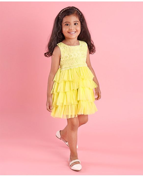 Babyhug Sleeveless Party Wear Frock With Lace - Yellow