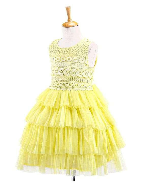 Babyhug Sleeveless Party Wear Frock With Lace - Yellow