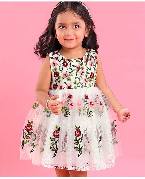 Babyhug Sleeveless Embroidered Party Frock - White