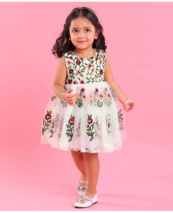 Babyhug Sleeveless Embroidered Party Frock - White