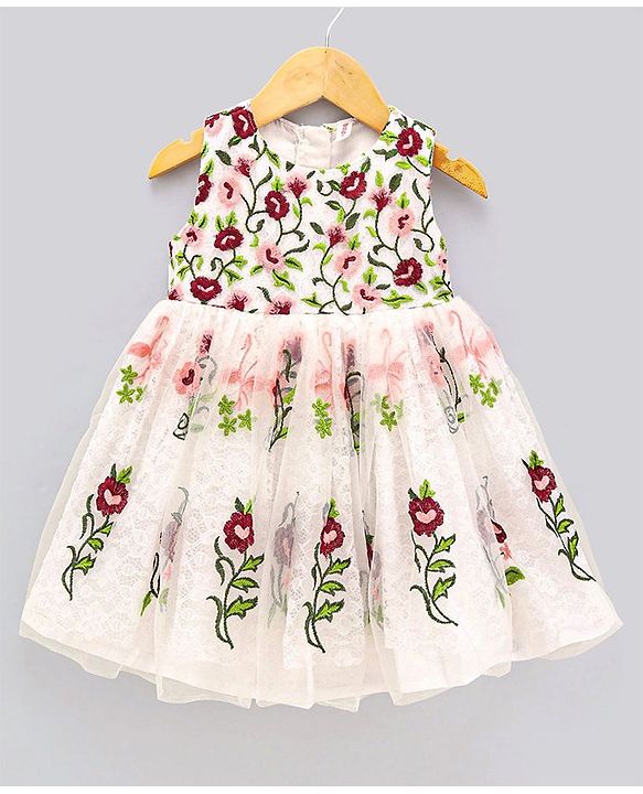 Babyhug Sleeveless Embroidered Party Frock - White