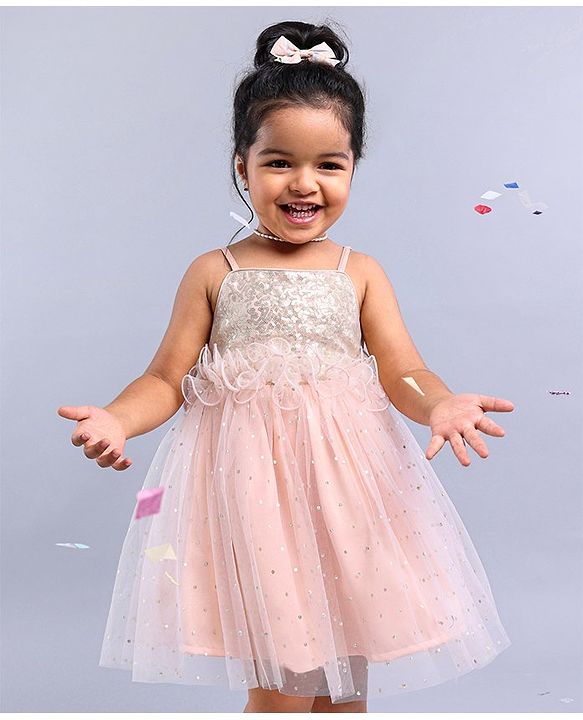 Babyhug Sleeveless Frilled Party Wear Frock With Sequin Detailing & Glitter Print- Light Orange