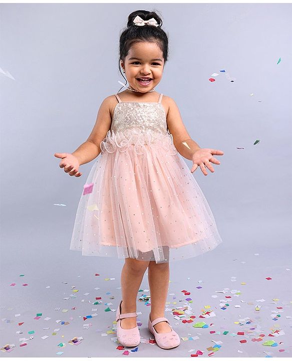 Babyhug Sleeveless Frilled Party Wear Frock With Sequin Detailing & Glitter Print- Light Orange