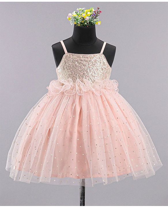 Babyhug Sleeveless Frilled Party Wear Frock With Sequin Detailing & Glitter Print- Light Orange