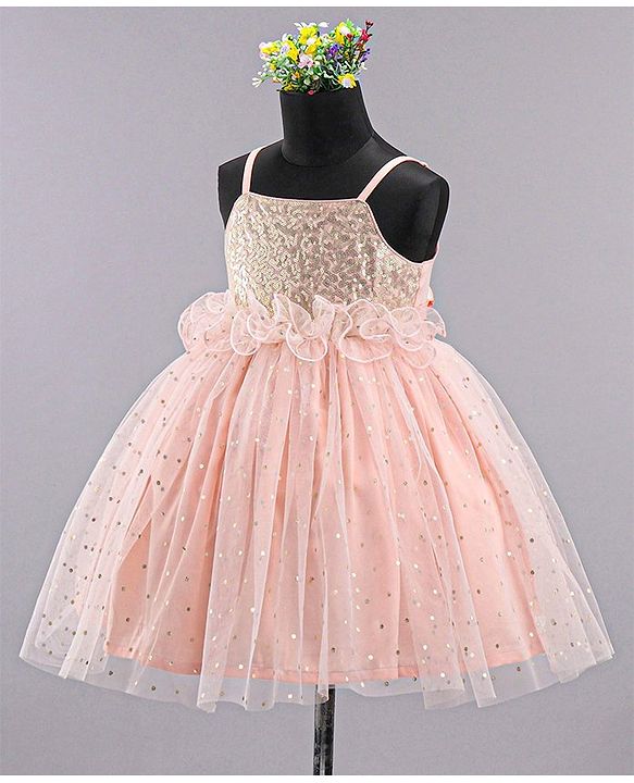 Babyhug Sleeveless Frilled Party Wear Frock With Sequin Detailing & Glitter Print- Light Orange