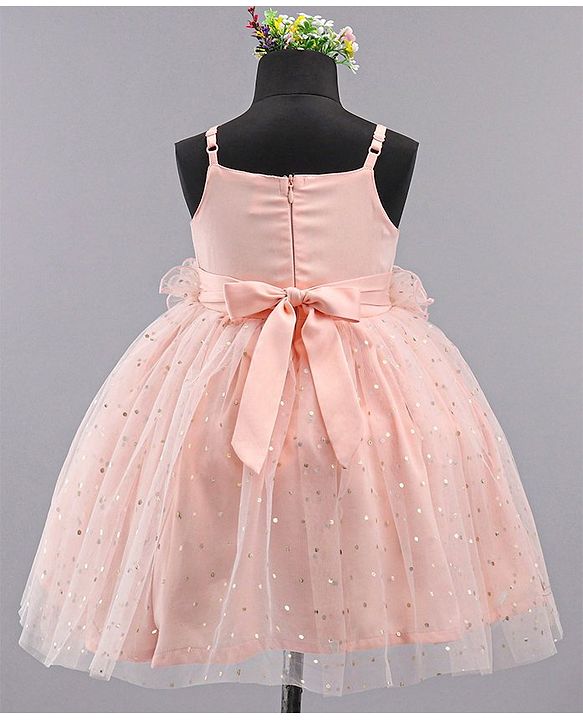 Babyhug Sleeveless Frilled Party Wear Frock With Sequin Detailing & Glitter Print- Light Orange