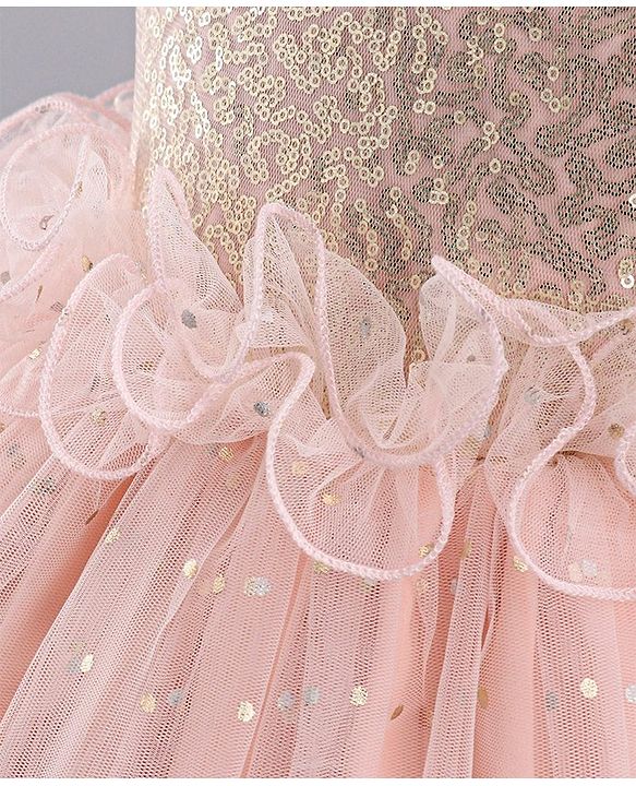 Babyhug Sleeveless Frilled Party Wear Frock With Sequin Detailing & Glitter Print- Light Orange