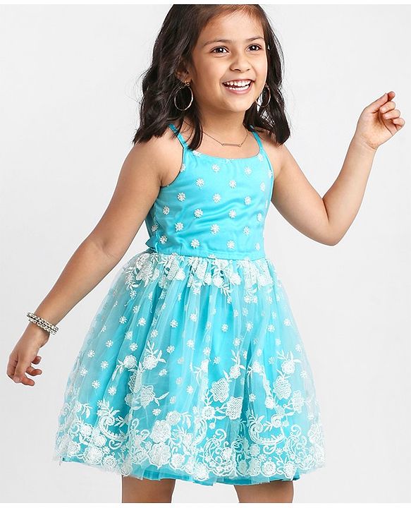 Babyhug Sleeveless Embroidered Party Frock - Blue
