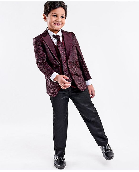 Babyhug Full Sleeves 5 Pcs Party Suit In Jacquard Blazer Waist Coat & Stretch Fit Pants - Wine