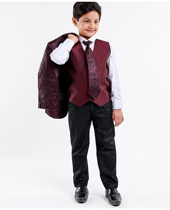 Babyhug Full Sleeves 5 Pcs Party Suit In Jacquard Blazer Waist Coat & Stretch Fit Pants - Wine