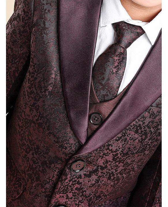 Babyhug Full Sleeves 5 Pcs Party Suit In Jacquard Blazer Waist Coat & Stretch Fit Pants - Wine
