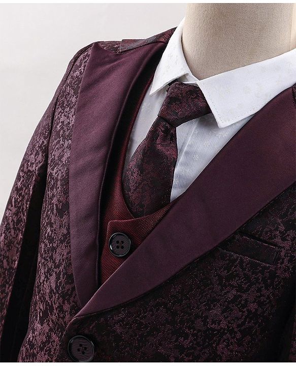 Babyhug Full Sleeves 5 Pcs Party Suit In Jacquard Blazer Waist Coat & Stretch Fit Pants - Wine
