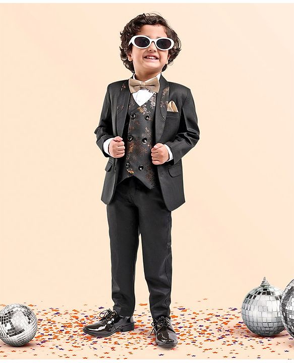 Babyhug Full Sleeves Party Wear Suit with Waistcoat & Bow - Black