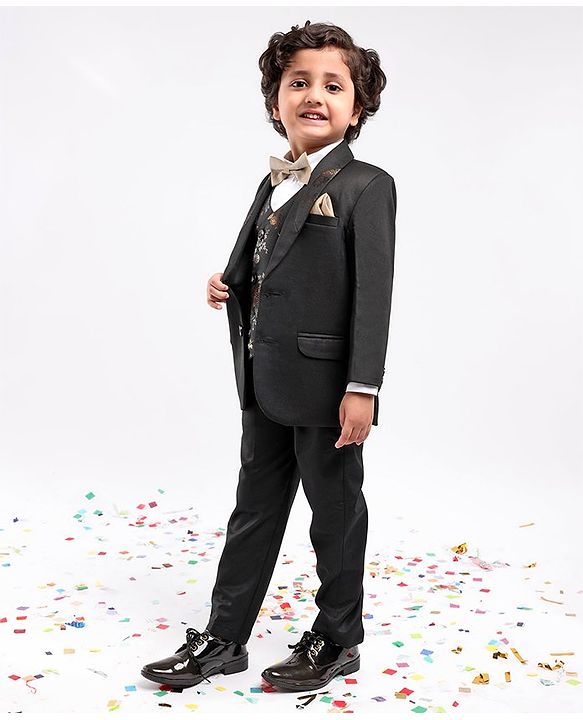 Babyhug Full Sleeves Party Wear Suit with Waistcoat & Bow - Black
