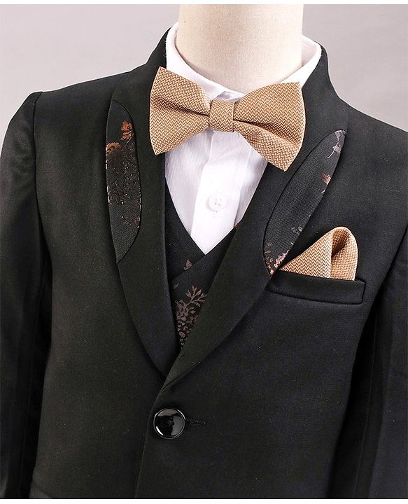 Babyhug Full Sleeves Party Wear Suit with Waistcoat & Bow - Black