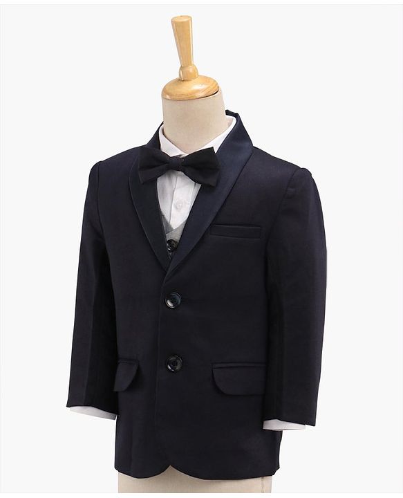 Babyhug Full Sleeves Solid Party Suit with Bow Tie - Navy